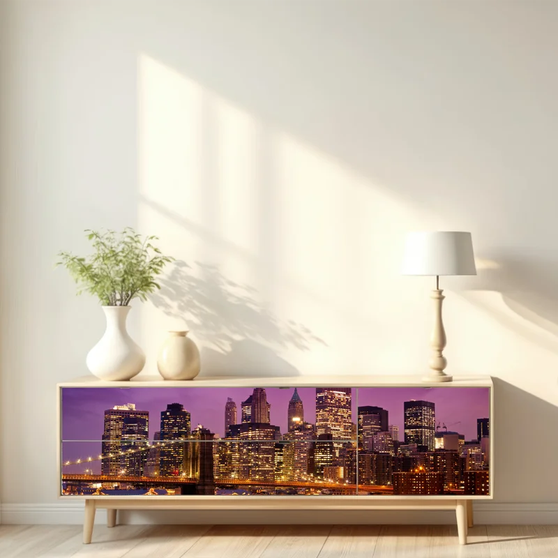 Repositionierbarer Aufkleber violette skyline über leuchtender stadt und brücke Repositionierbarer Aufkleber violette skyline über leuchtender stadt und brücke