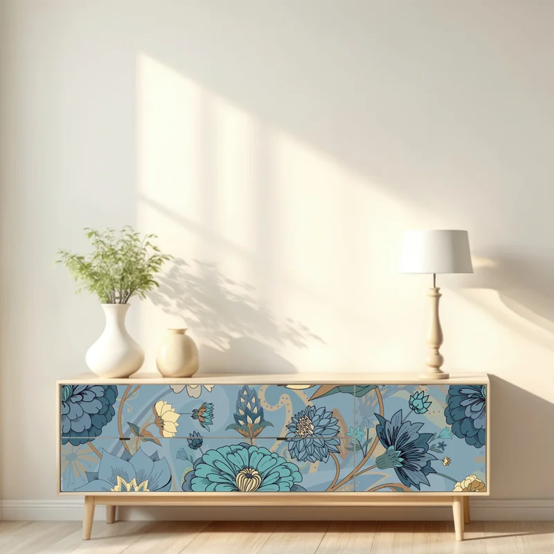 Repositionierbarer Aufkleber vintage-blumenmuster in gedämpften blau- und beigetönen