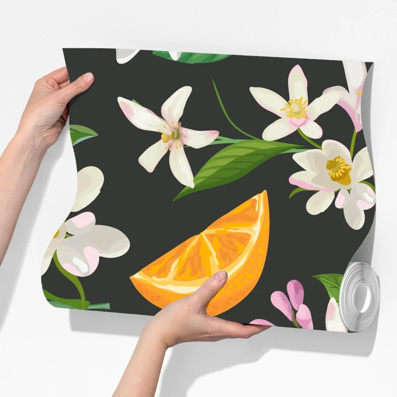 Fototapete orangeblüten- und zitrusmuster auf dunklem hintergrund Fototapete orangeblüten- und zitrusmuster auf dunklem hintergrund