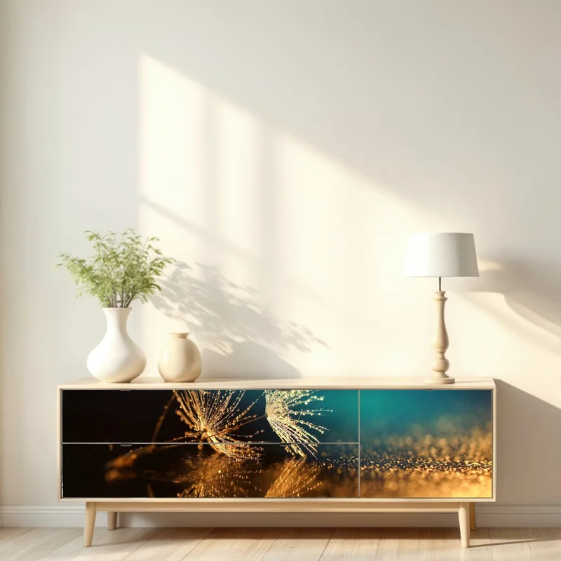 Repositionierbarer Aufkleber goldene reflexion von löwenzahnsamen Repositionierbarer Aufkleber goldene reflexion von löwenzahnsamen