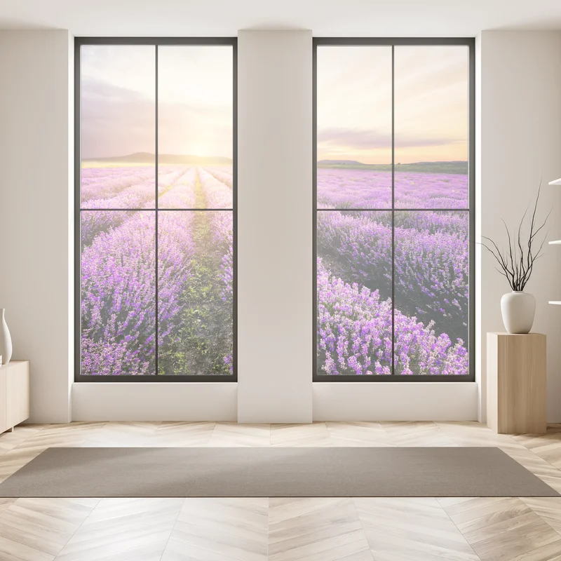 Fensteraufkleber sonnenaufgang über lavendelfeldern