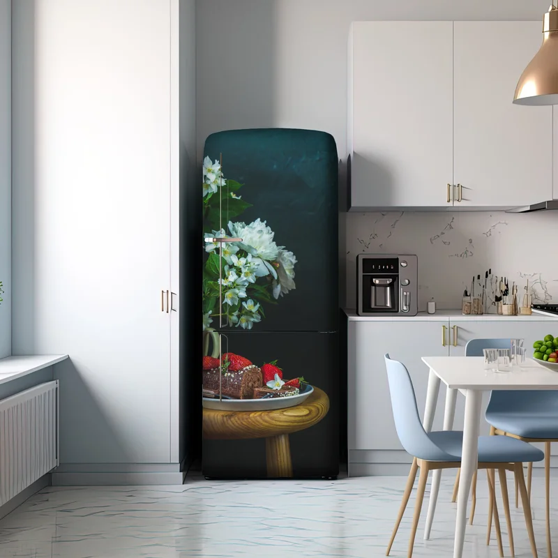 Kühlschrankaufkleber schokoladenrolle mit erdbeeren und weißen blüten Kühlschrankaufkleber schokoladenrolle mit erdbeeren und weißen blüten