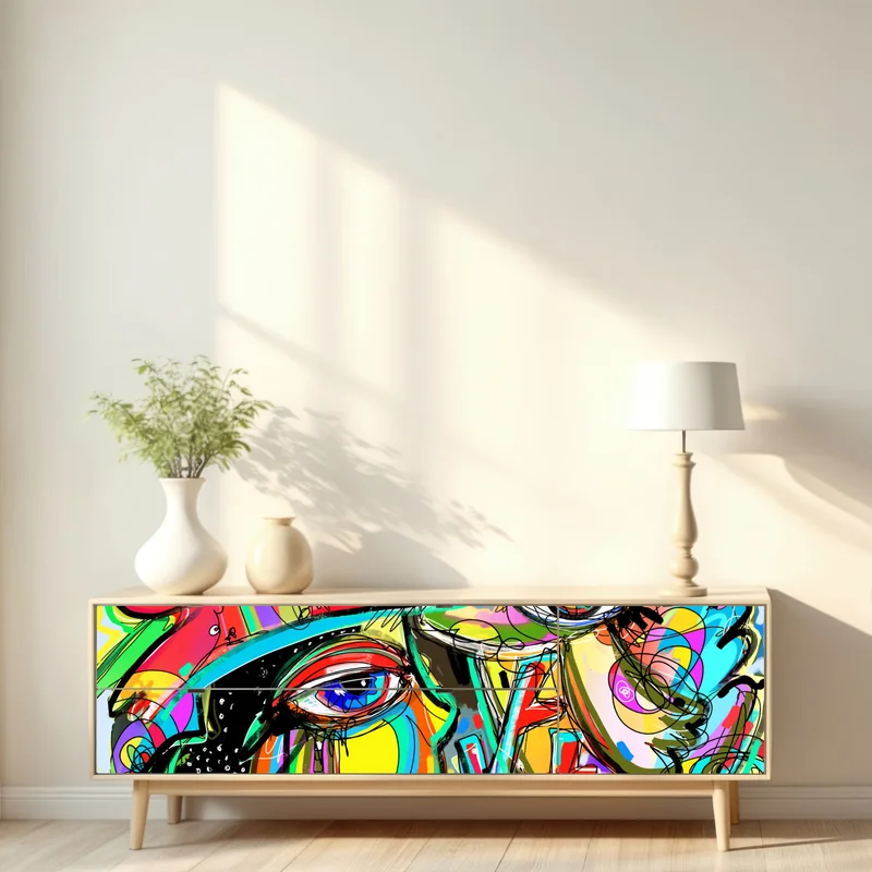 Repositionierbarer Aufkleber lebendige abstrakte gesichter mit katze und vogel