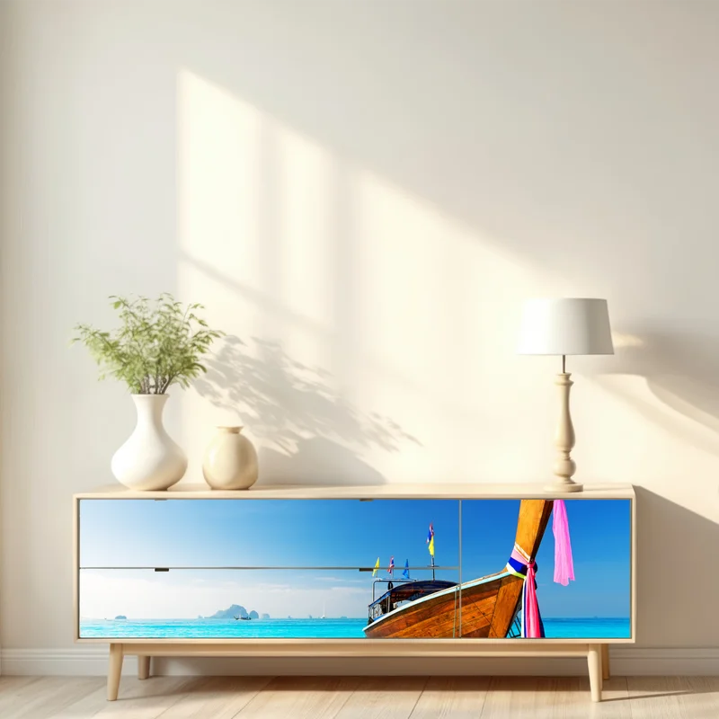 Repositionierbarer Aufkleber langheckboot am türkisfarbenen strand, Andamanensee