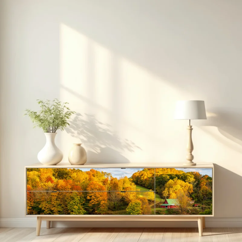 Repositionierbarer Aufkleber herbstliche landschaft mit roter scheune