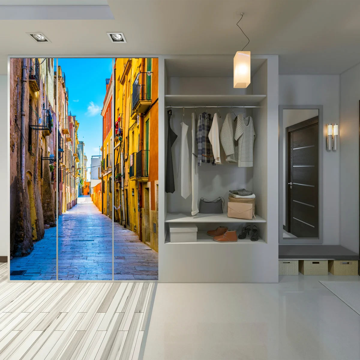 Schrankaufkleber sonnenbeschienene mediterrane gasse mit bunten fassaden Schrankaufkleber sonnenbeschienene mediterrane gasse mit bunten fassaden