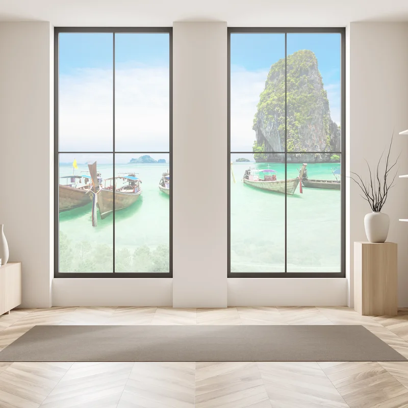 Fensteraufkleber tropische longtail-boote am türkisfarbenen strand Fensteraufkleber tropische longtail-boote am türkisfarbenen strand