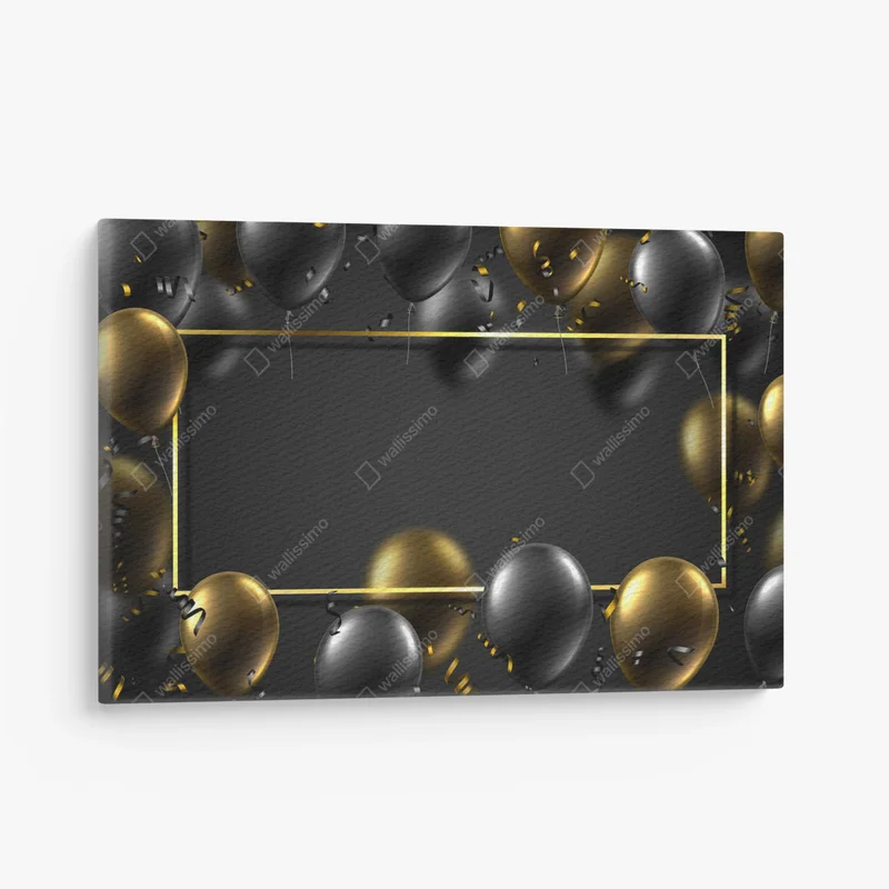 Leinwandbild Festplakat mit rechteckigem Rahmen, schwarzen und goldglänzenden Luftballons und Serpentinen. Urlaubsdesign. Vektorhintergrund. • Leinwandbilder bei Wallnifity® Leinwandbild Festplakat mit rechteckigem Rahmen, schwarzen und goldglänzenden Luftballons und Serpentinen. Urlaubsdesign. Vektorhintergrund. • Leinwandbilder bei Wallnifity®