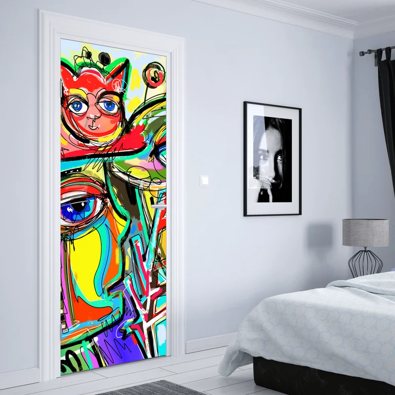 Türaufkleber lebendige abstrakte gesichter mit katze und vogel