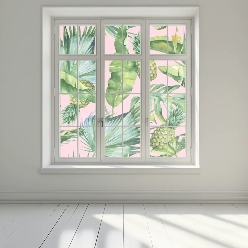 Fensteraufkleber tropisches ananas- und blattmuster in aquarell auf rosa hintergrund Fensteraufkleber tropisches ananas- und blattmuster in aquarell auf rosa hintergrund