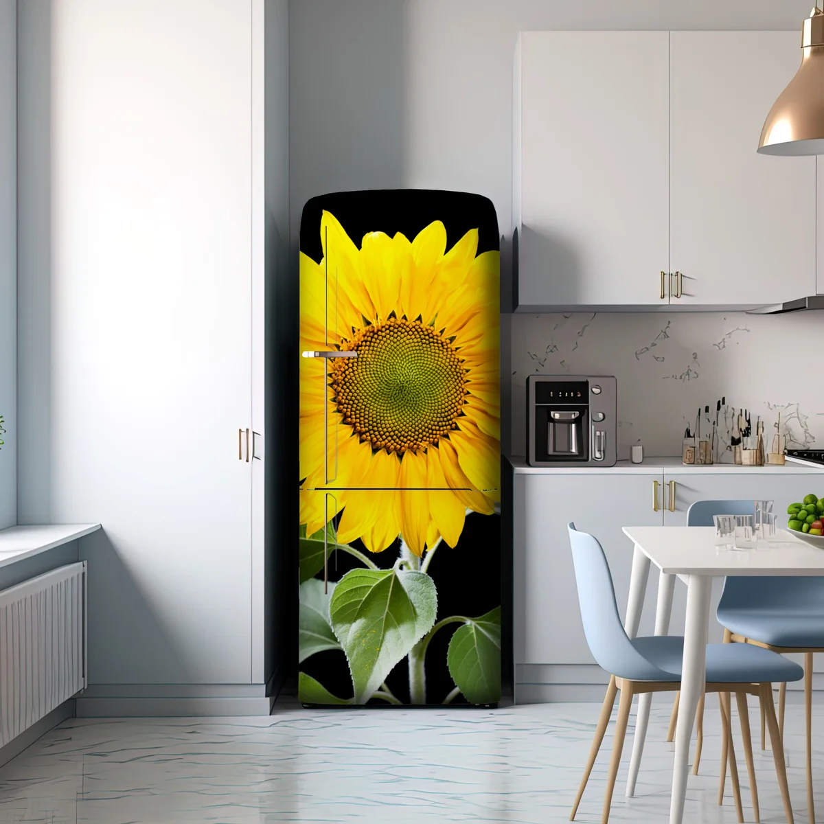 Kühlschrankaufkleber leuchtende sonnenblume vor schwarzem hintergrund Kühlschrankaufkleber leuchtende sonnenblume vor schwarzem hintergrund