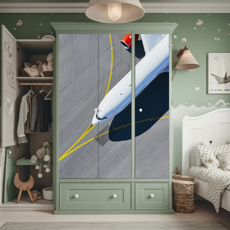 Schrankaufkleber luftaufnahme eines flugzeugs auf dem rollfeld