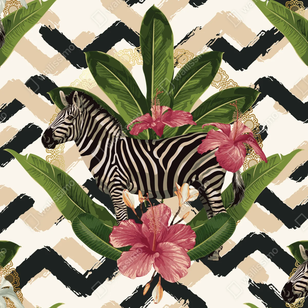 Fototapete vintage tropisches muster mit zebra und hibiskus Fototapete vintage tropisches muster mit zebra und hibiskus