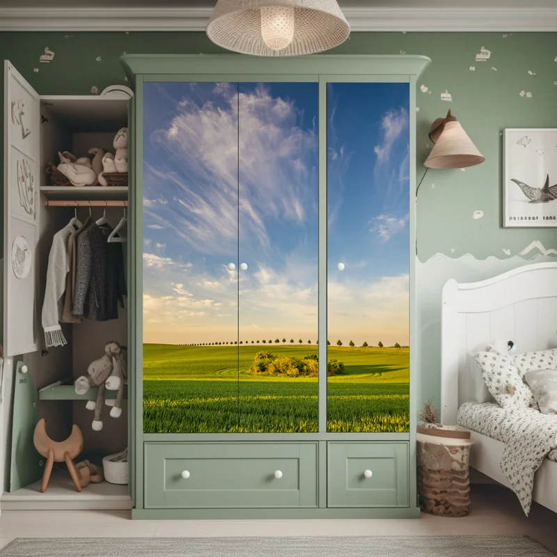 Schrankaufkleber grüne wiese mit einer reihe junger bäume Schrankaufkleber grüne wiese mit einer reihe junger bäume