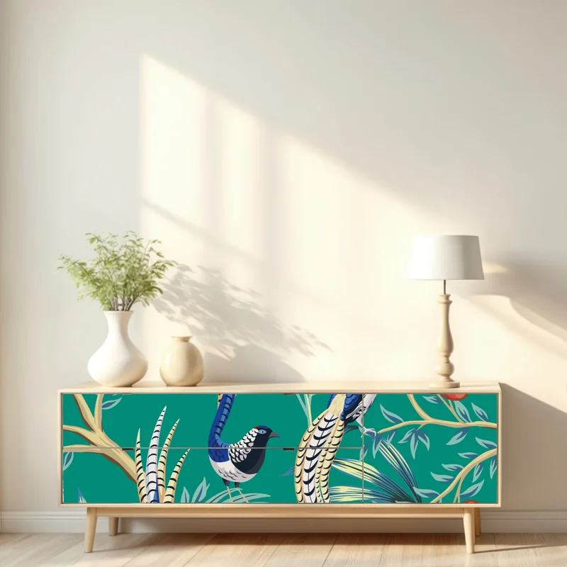 Repositionierbarer Aufkleber exotisches vogelmuster mit granatäpfeln