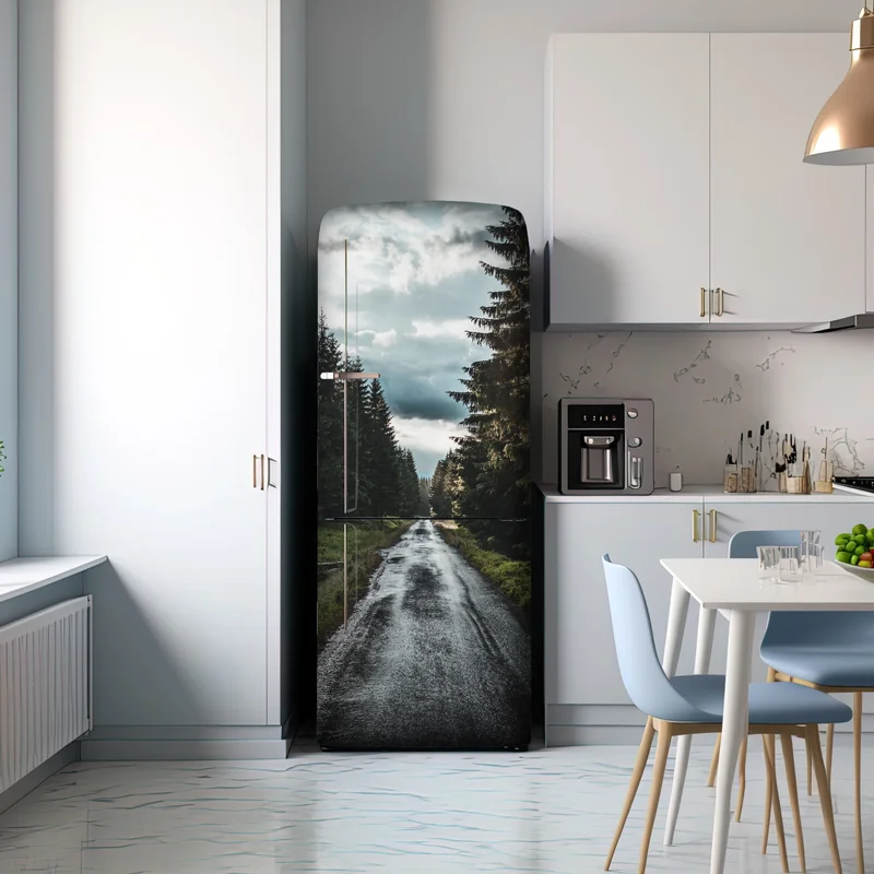 Kühlschrankaufkleber waldweg durch neblige kiefern Kühlschrankaufkleber waldweg durch neblige kiefern