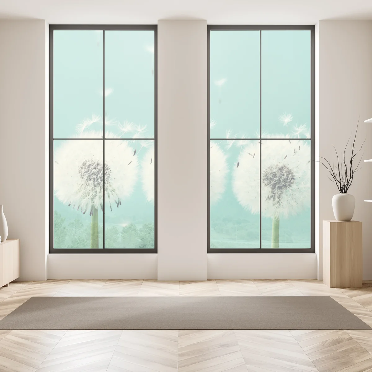 Fensteraufkleber drei löwenzahn-pusteblumen auf türkisgrund Fensteraufkleber drei löwenzahn-pusteblumen auf türkisgrund