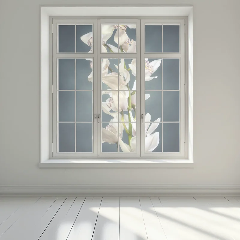 Fensteraufkleber zarte weiße orchideen vor gedämpftem hintergrund