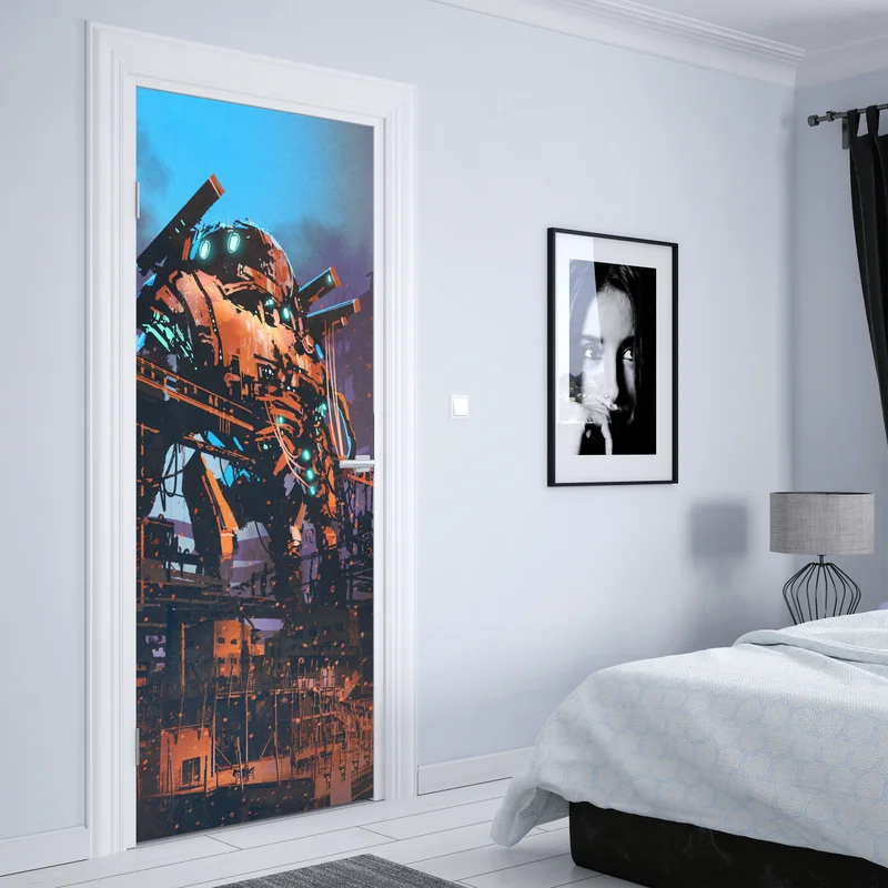 Türaufkleber riesiger mech in verlassener fabrik