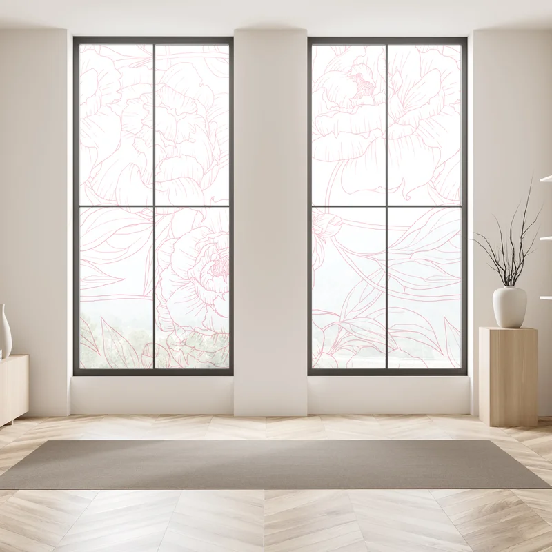 Fensteraufkleber zartes rosa paeonien-line-art-muster