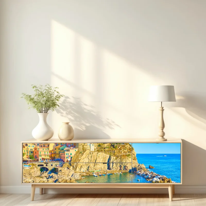 Repositionierbarer Aufkleber buntes küstendorf in Cinque Terre