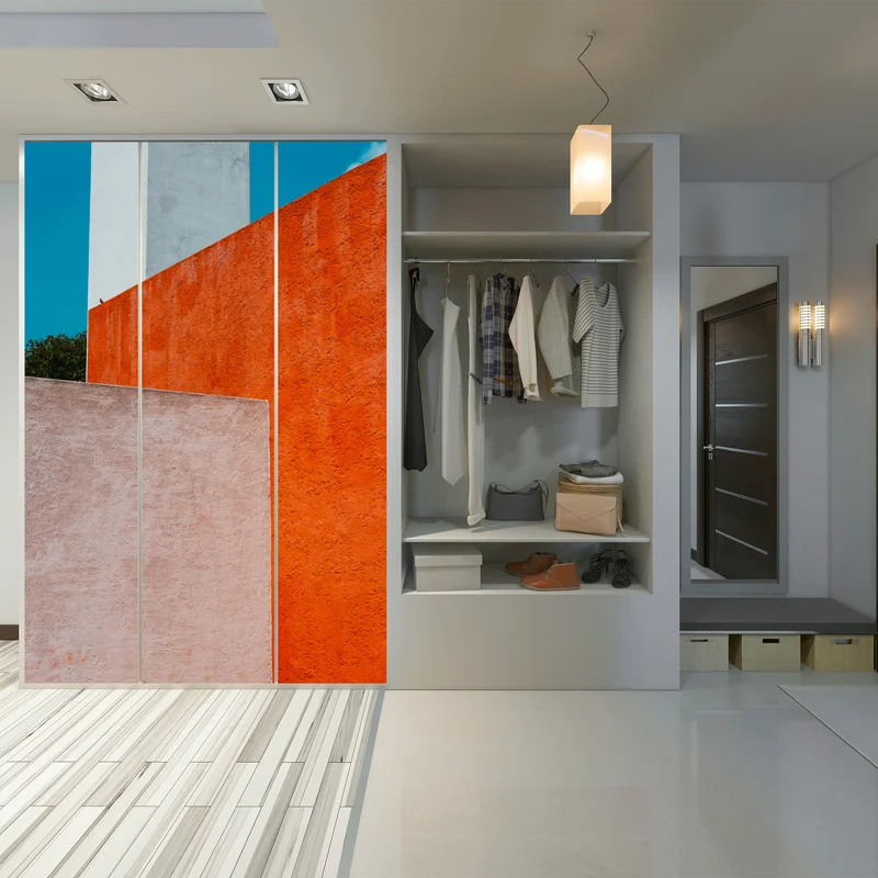 Schrankaufkleber mutige geometrische fassade in orange und türkis Schrankaufkleber mutige geometrische fassade in orange und türkis
