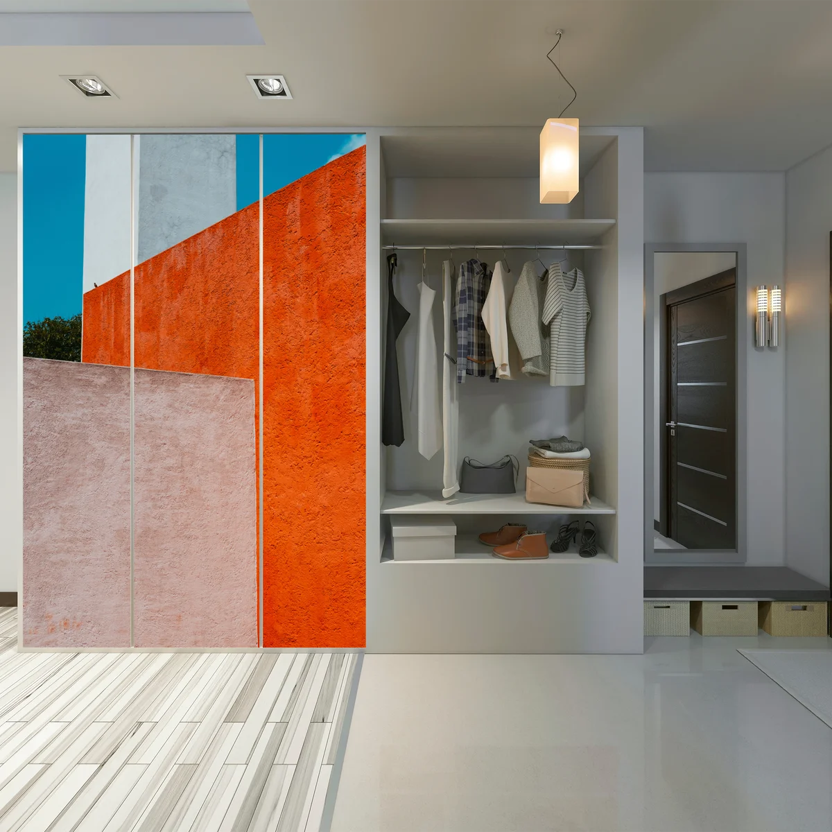 Schrankaufkleber mutige geometrische fassade in orange und türkis Schrankaufkleber mutige geometrische fassade in orange und türkis