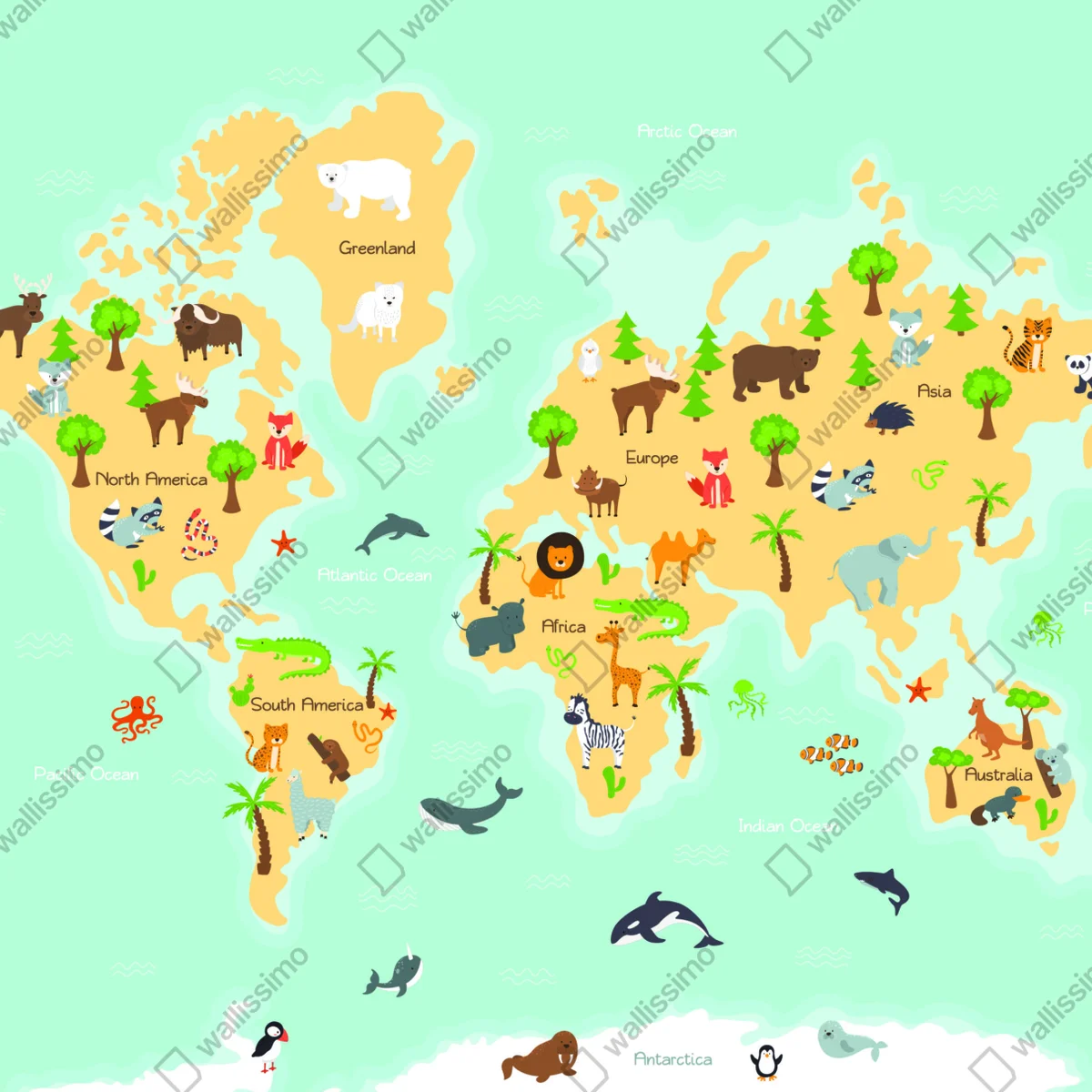 Poster pastellweltkarte mit tieren • Poster bei Wallnifity® Poster pastellweltkarte mit tieren • Poster bei Wallnifity®