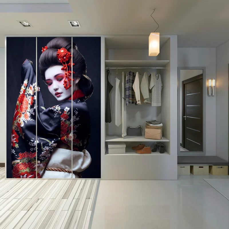 Schrankaufkleber elegantes geisha-porträt in rotem und schwarzem kimono