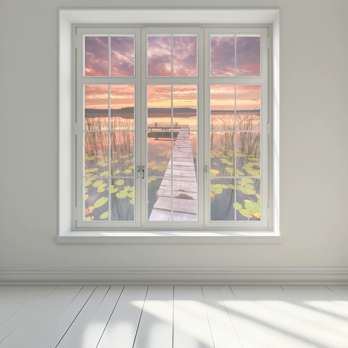 Fensteraufkleber sonnenaufgang über ruhigem see mit steg Fensteraufkleber sonnenaufgang über ruhigem see mit steg