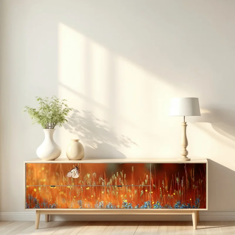 Repositionierbarer Aufkleber schmetterling auf goldener wiese