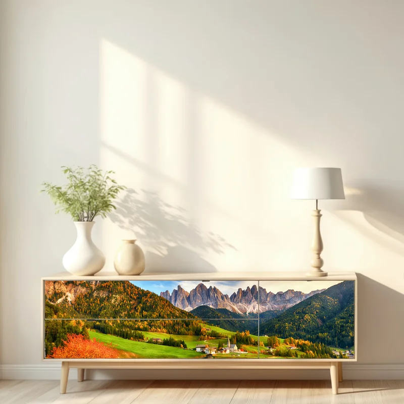 Repositionierbarer Aufkleber herbstlicher sonnenuntergang über Santa Maddalena, Dolomiten