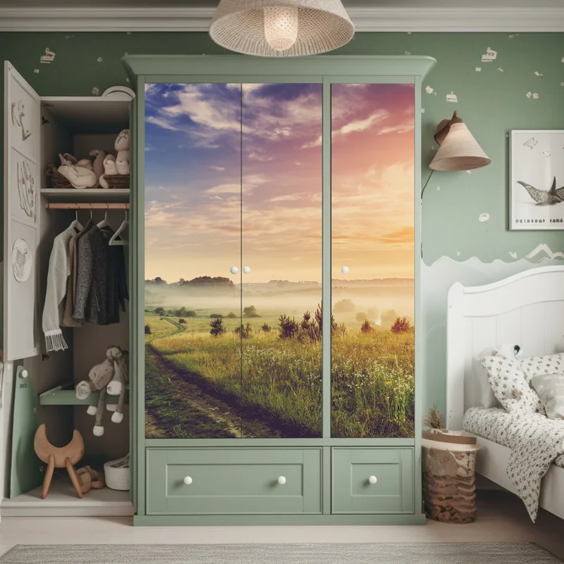 Schrankaufkleber nebeliger sonnenaufgang über einer ländlichen wiese Schrankaufkleber nebeliger sonnenaufgang über einer ländlichen wiese