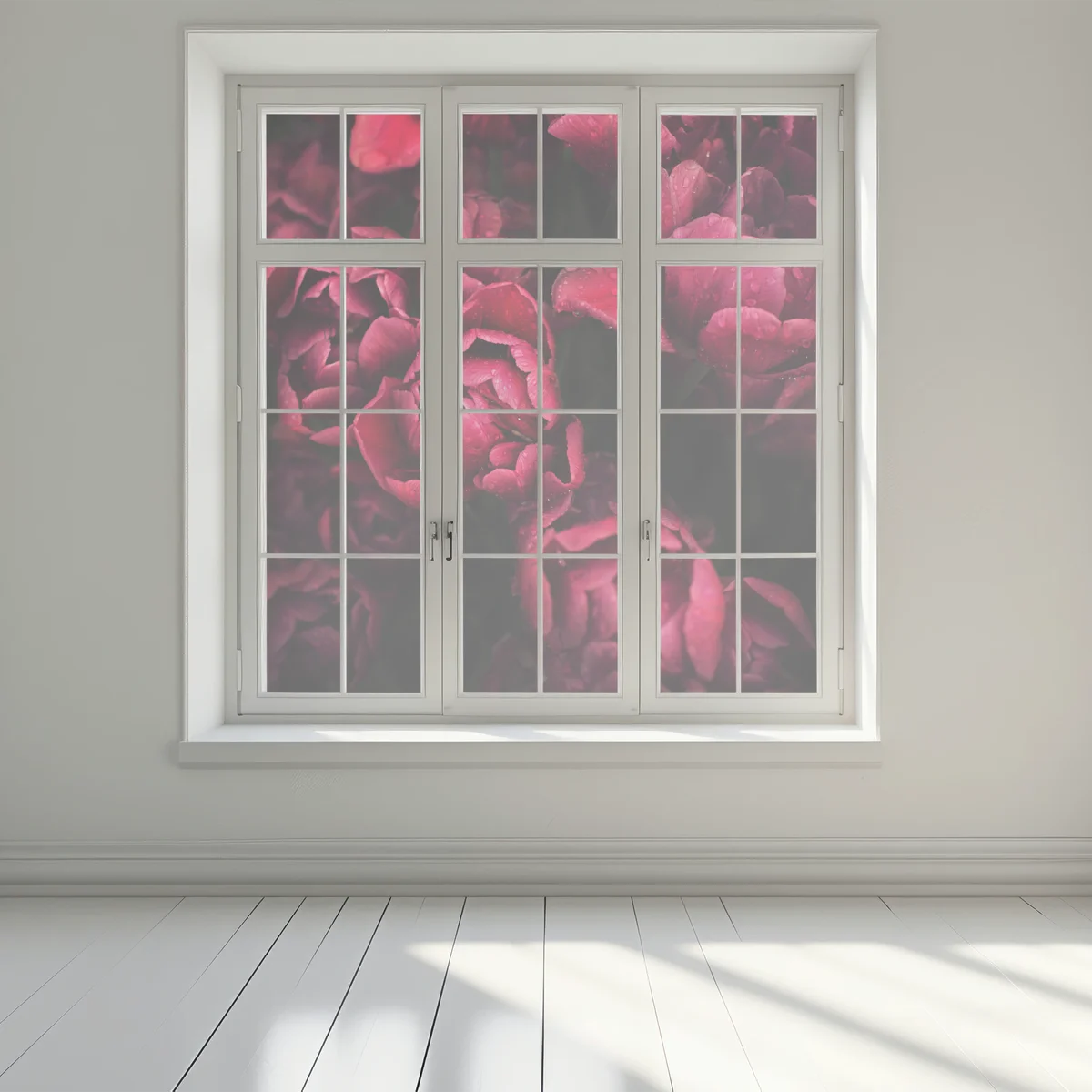 Fensteraufkleber tiefrote blüten mit wassertropfen Fensteraufkleber tiefrote blüten mit wassertropfen