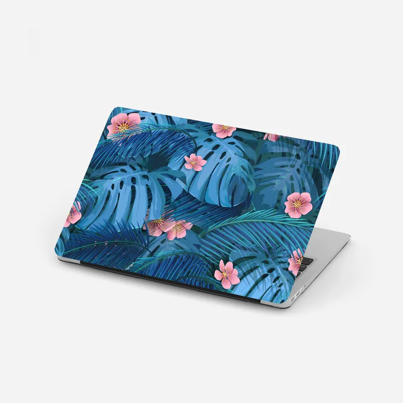 Laptop-Aufkleber türkisfarbene tropische monstera-blätter mit rosa blüten