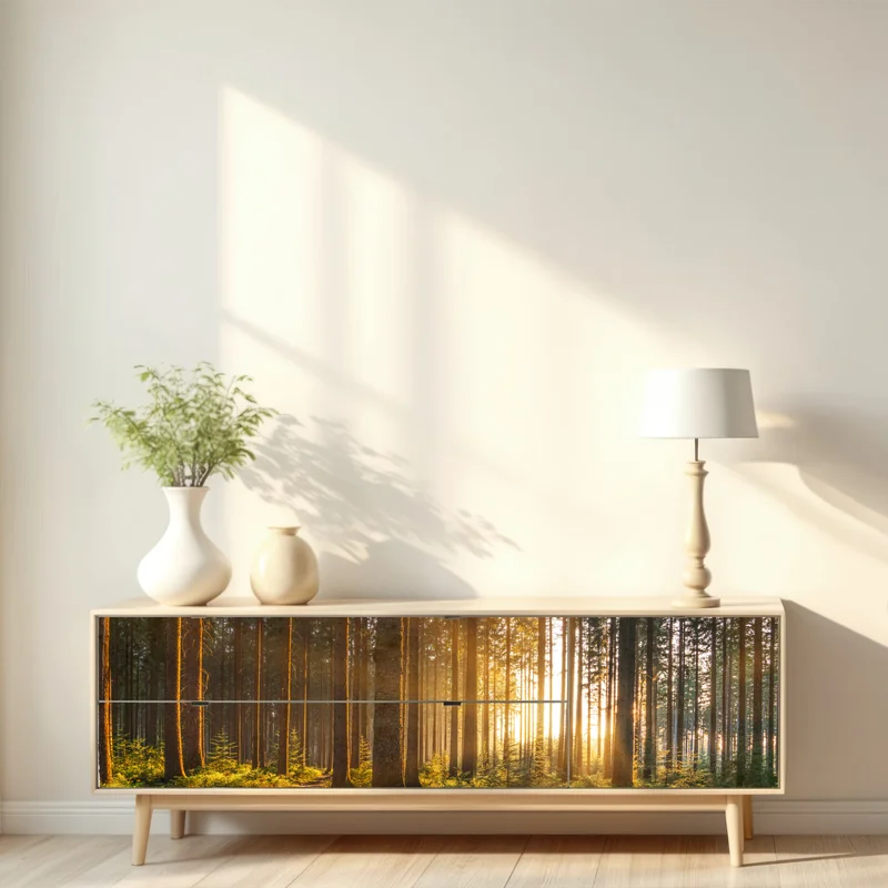 Repositionierbarer Aufkleber sonnenbeschienener waldweg am morgen Repositionierbarer Aufkleber sonnenbeschienener waldweg am morgen