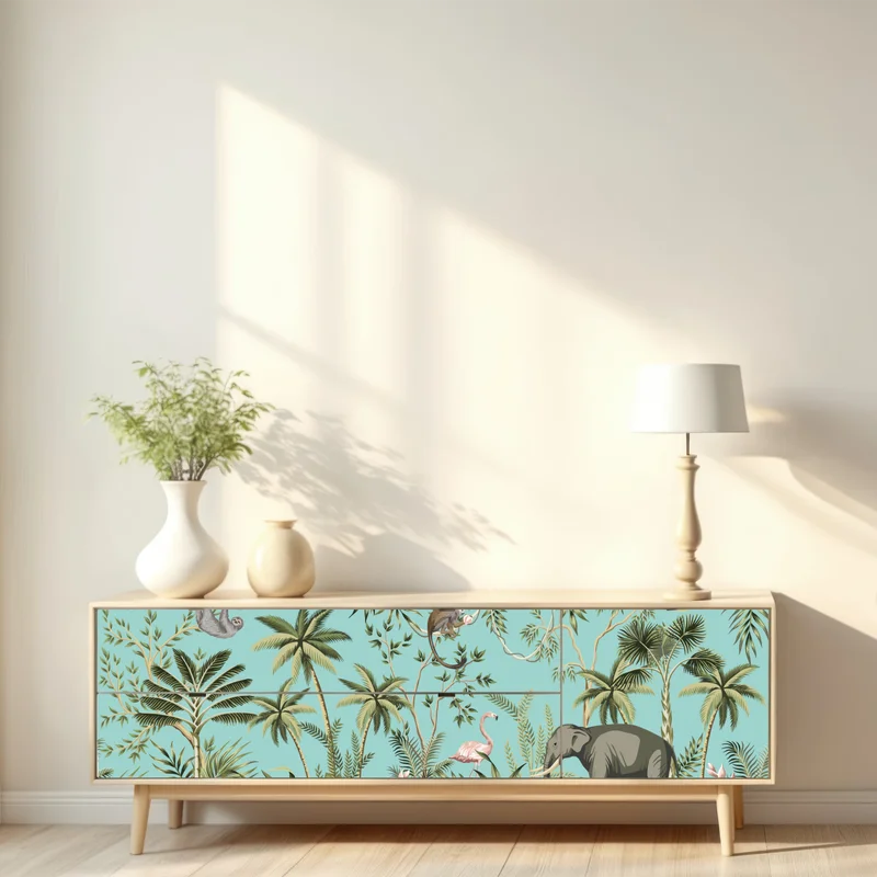 Repositionierbarer Aufkleber tropische dschungelszene mit elefant und flamingo