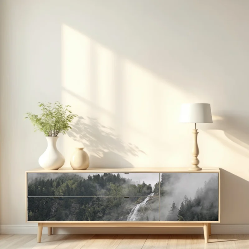 Repositionierbarer Aufkleber nebliger wasserfall im bergwald Repositionierbarer Aufkleber nebliger wasserfall im bergwald