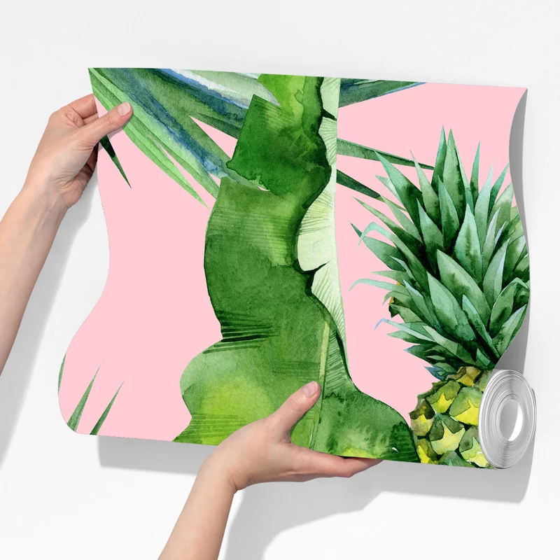 Fototapete tropisches ananas- und blattmuster in aquarell auf rosa hintergrund Fototapete tropisches ananas- und blattmuster in aquarell auf rosa hintergrund