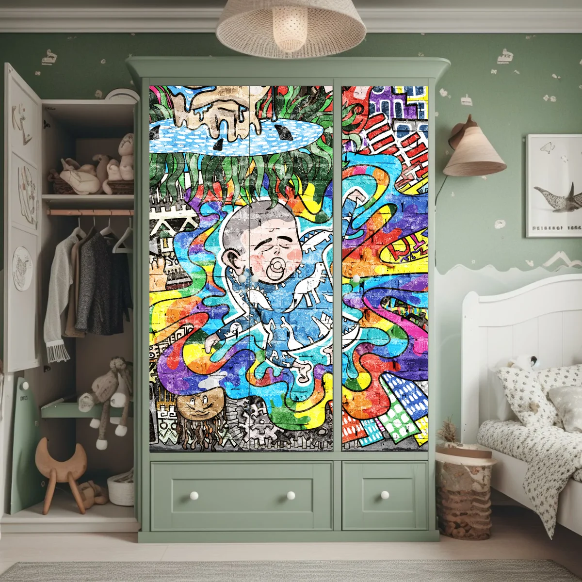 Schrankaufkleber buntes graffiti-mural mit träumendem kind Schrankaufkleber buntes graffiti-mural mit träumendem kind