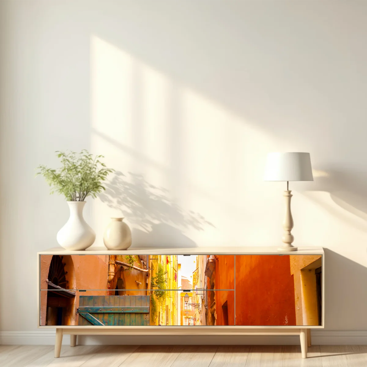 Repositionierbarer Aufkleber bunte gasse im mediterranen stil Repositionierbarer Aufkleber bunte gasse im mediterranen stil