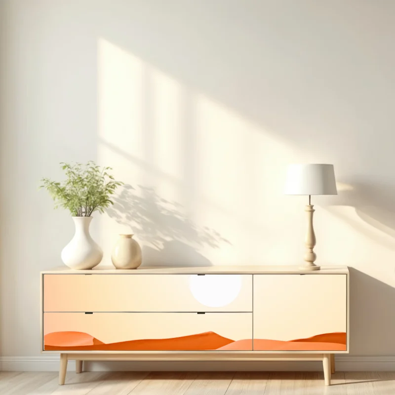 Repositionierbarer Aufkleber karawane von kamelen in der wüste bei sonnenuntergang