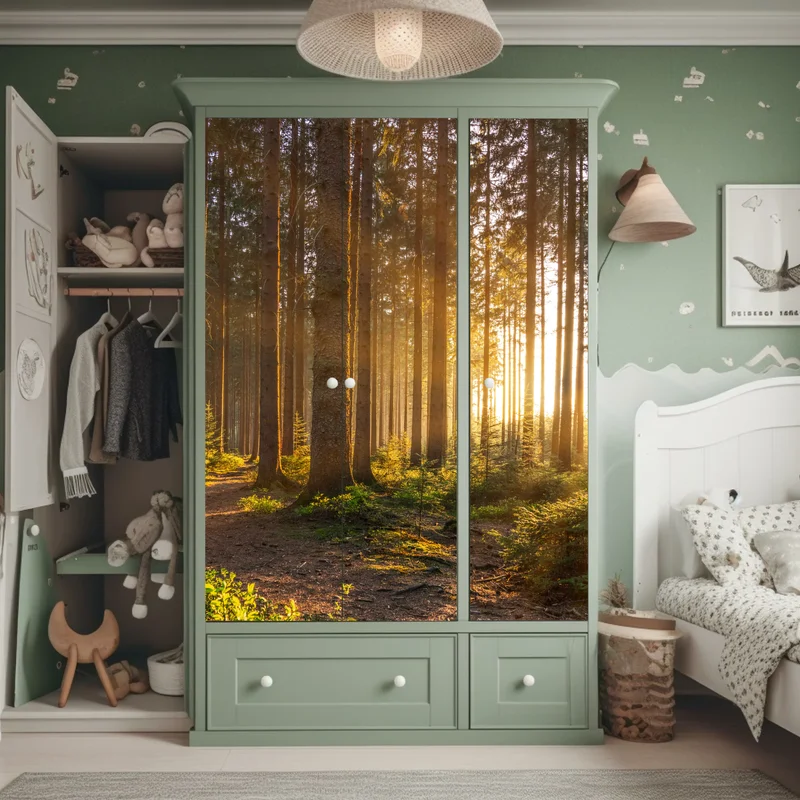 Schrankaufkleber sonnenbeschienener waldweg am morgen Schrankaufkleber sonnenbeschienener waldweg am morgen