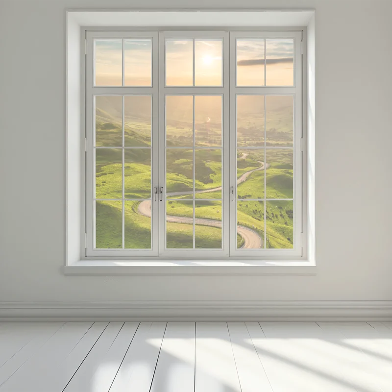 Fensteraufkleber goldener sonnenuntergang über einer geschwungenen landstraße