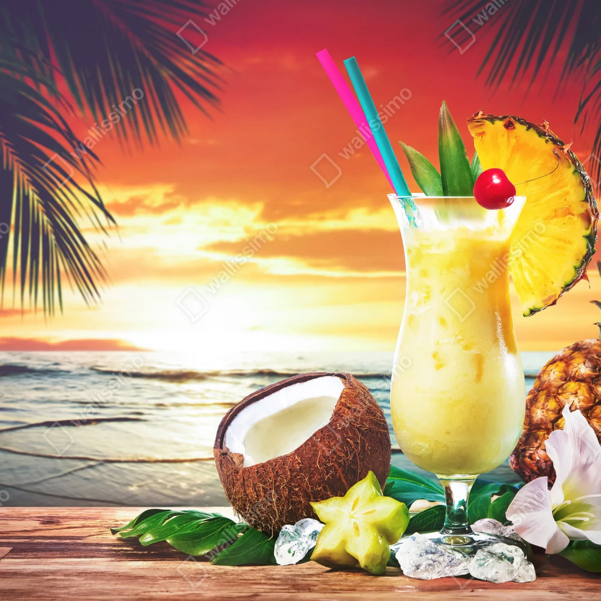 Tischaufkleber und Schreibtischaufkleber tropischer kokos-ananas-cocktail am strand bei sonnenuntergang Tischaufkleber und Schreibtischaufkleber tropischer kokos-ananas-cocktail am strand bei sonnenuntergang