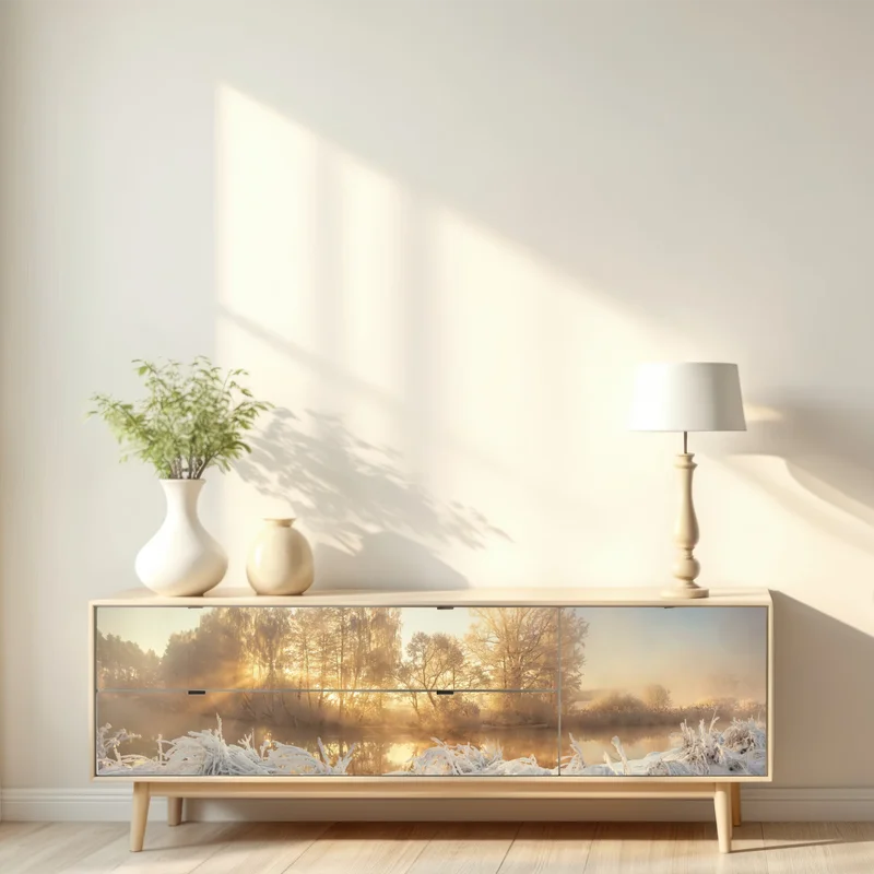 Repositionierbarer Aufkleber goldener wintersonnenaufgang über dem frostigen fluss Repositionierbarer Aufkleber goldener wintersonnenaufgang über dem frostigen fluss