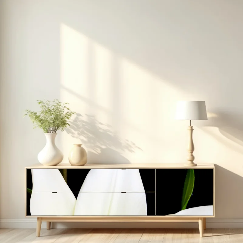 Repositionierbarer Aufkleber weiße lilie vor schwarzem hintergrund