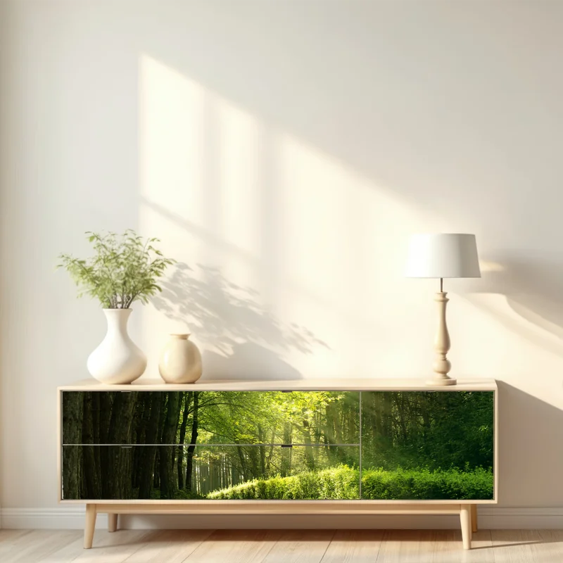 Repositionierbarer Aufkleber sonnenbeschienener waldpfad im grünen Repositionierbarer Aufkleber sonnenbeschienener waldpfad im grünen