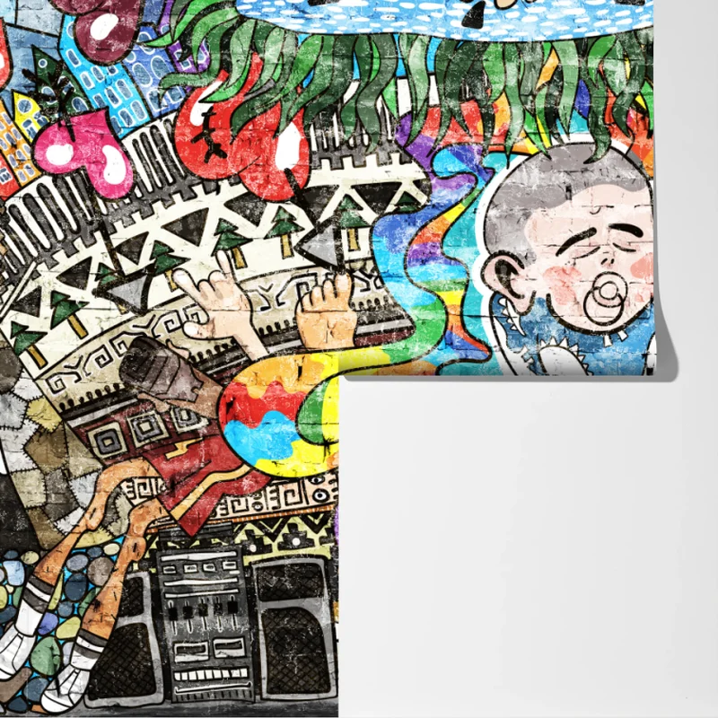 Fototapete buntes graffiti-mural mit träumendem kind Fototapete buntes graffiti-mural mit träumendem kind