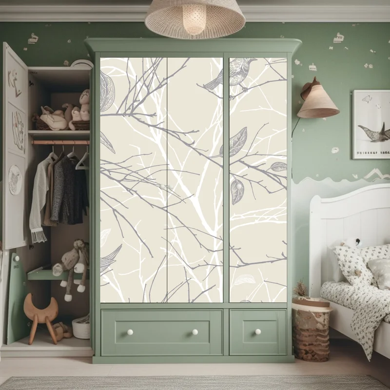 Schrankaufkleber zartes beiges muster mit vögeln und ästen